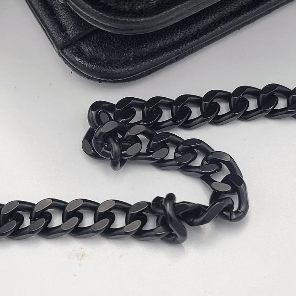 Black Quilted Genuine Leather Crossbody Bag With Chain Strap & Magnetic Closure - Picture 8 of 12